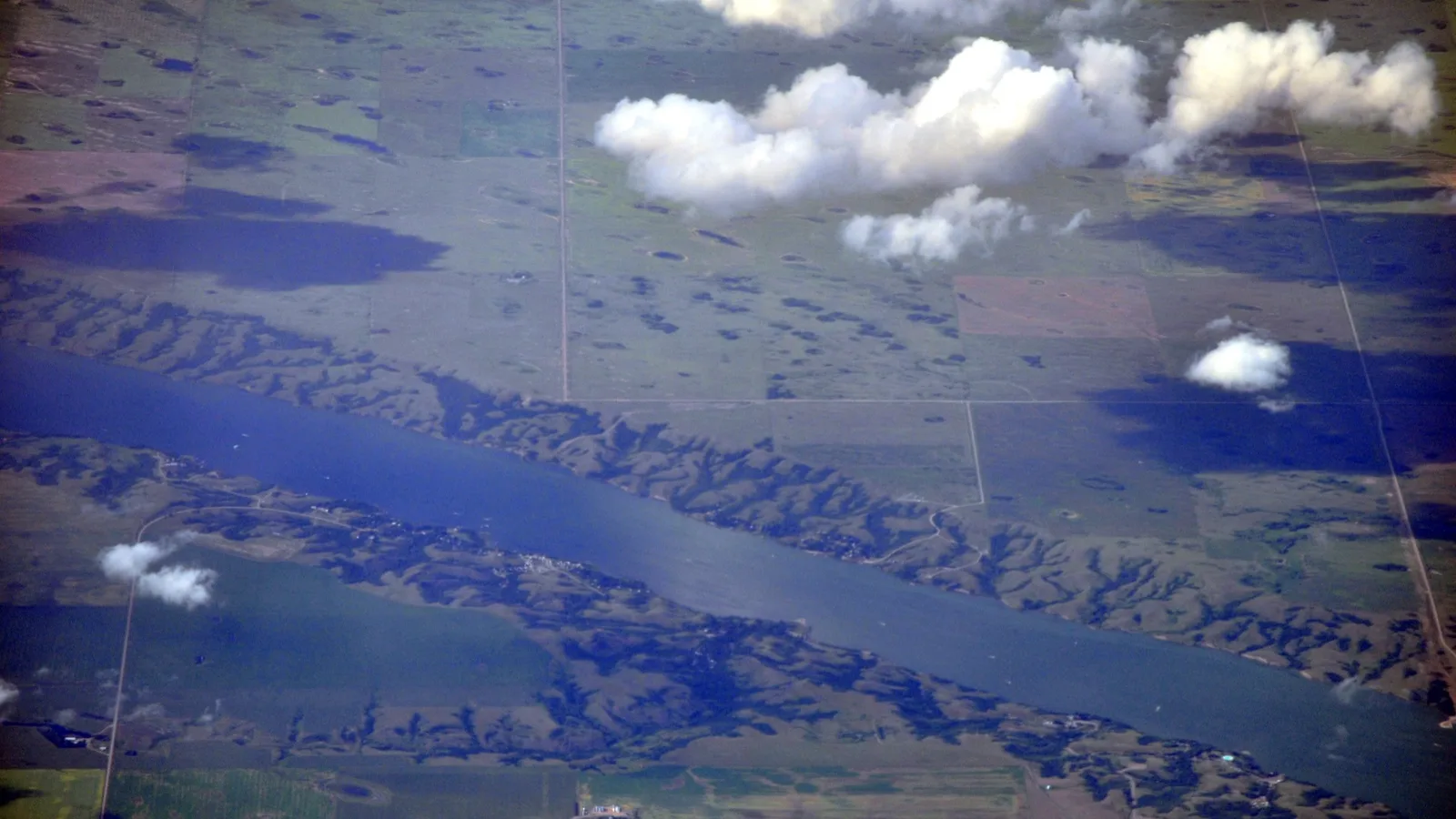 Aerial of Buffalo Pound Lake in south-central Saskatchewan, a reservoir in the Qu'Appelle River valley.