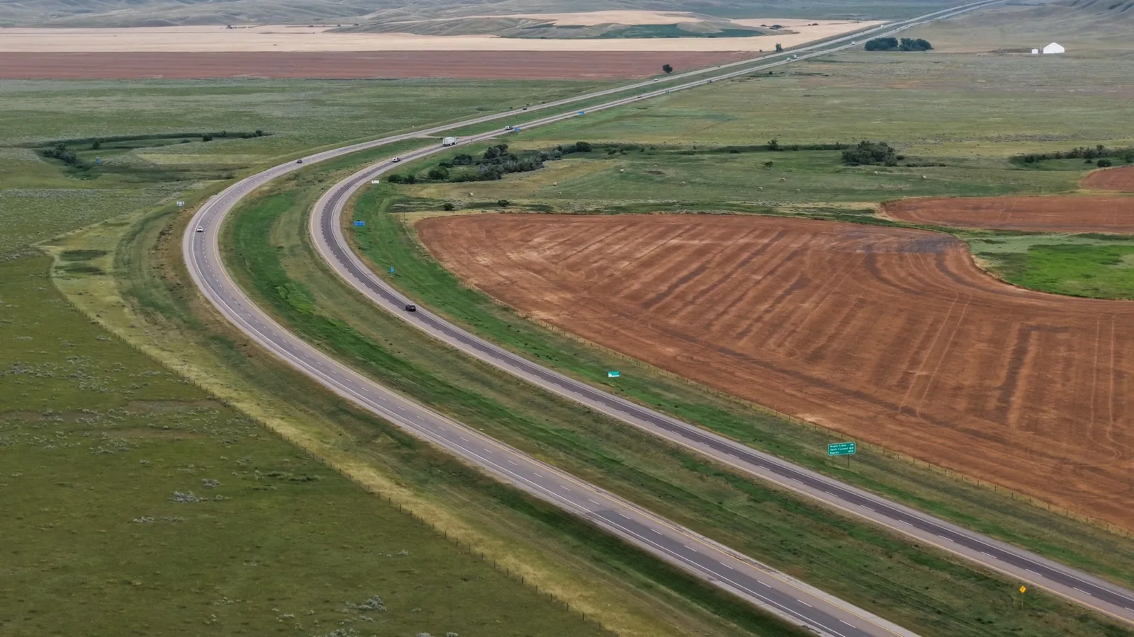 Aerial view of a divided highway crossing Saskatchewan prairie (file photo, not the scene of the incident).