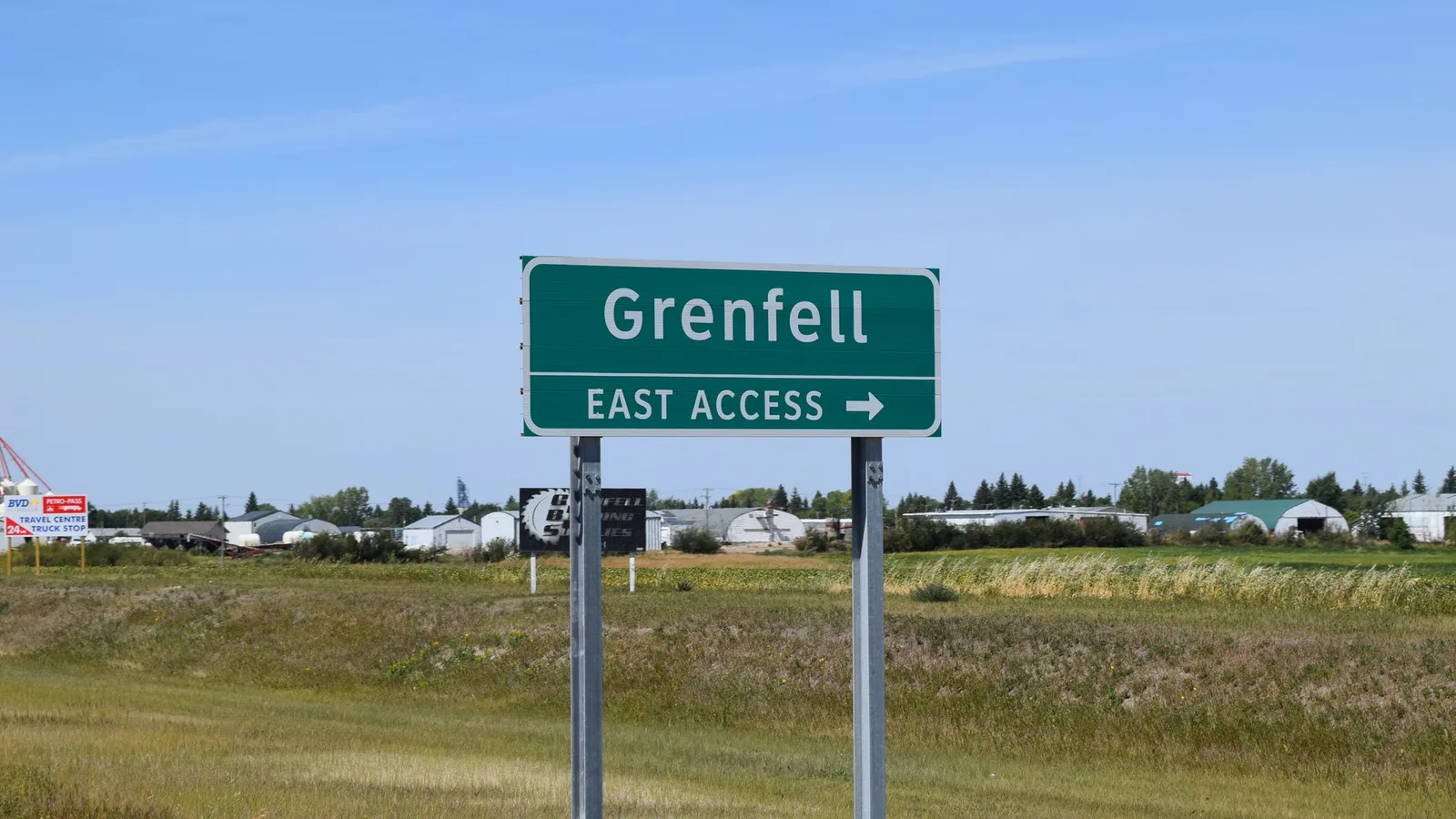 A highway sign reading 'Grenfell' along the Trans-Canada Highway in Saskatchewan (file photo, not the care home).