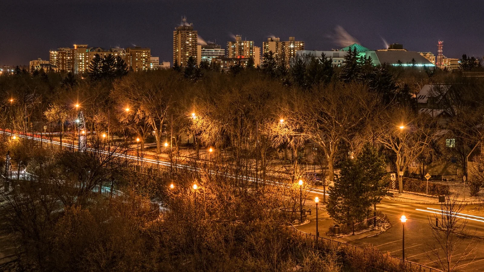 Night view of the Saskatoon skyline across a park. File photo: generic city view, not the scene of the incident.
