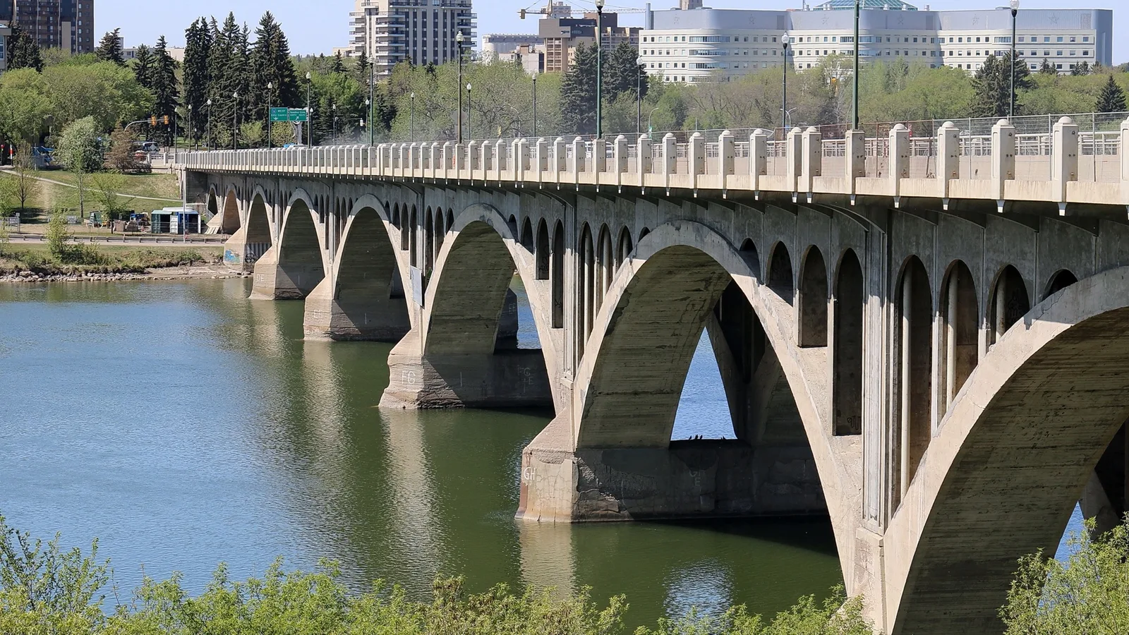 University Bridge over the South Saskatchewan River, with the Royal University Hospital complex in the background (file photo, not the lodge site)