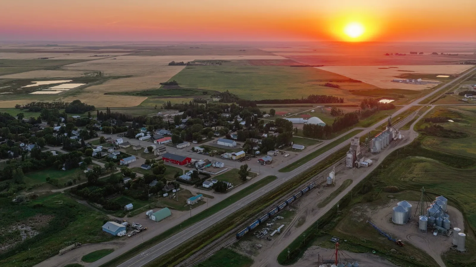 Aerial view of the prairie town of Fillmore, Saskatchewan, with grain elevators and surrounding farmland (file photo).