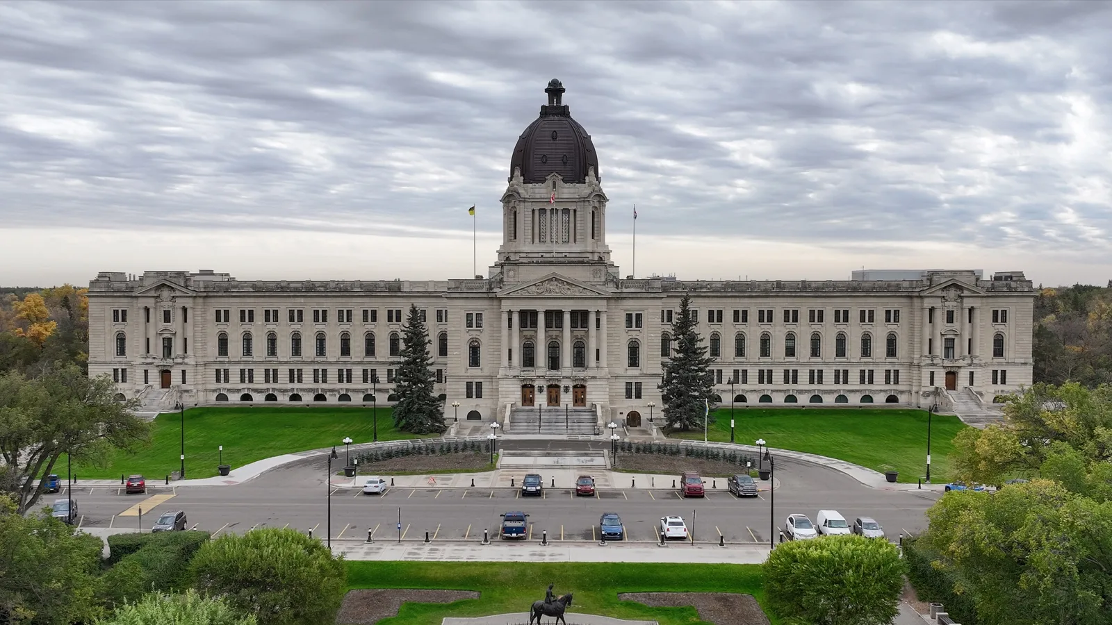 The Saskatchewan Legislative Building in Regina, seen from across its landscaped grounds.